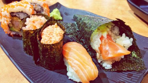 Close-up of sushi served on plate