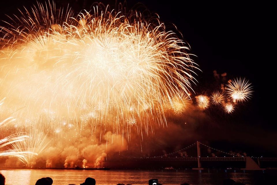 firework, firework display, motion, night, celebration, illuminated, arts culture and entertainment, exploding, event, water, sky, new year's eve, bridge, firework - man made object, long exposure, nature, bridge - man made structure, architecture, no people, sparks, outdoors, explosive