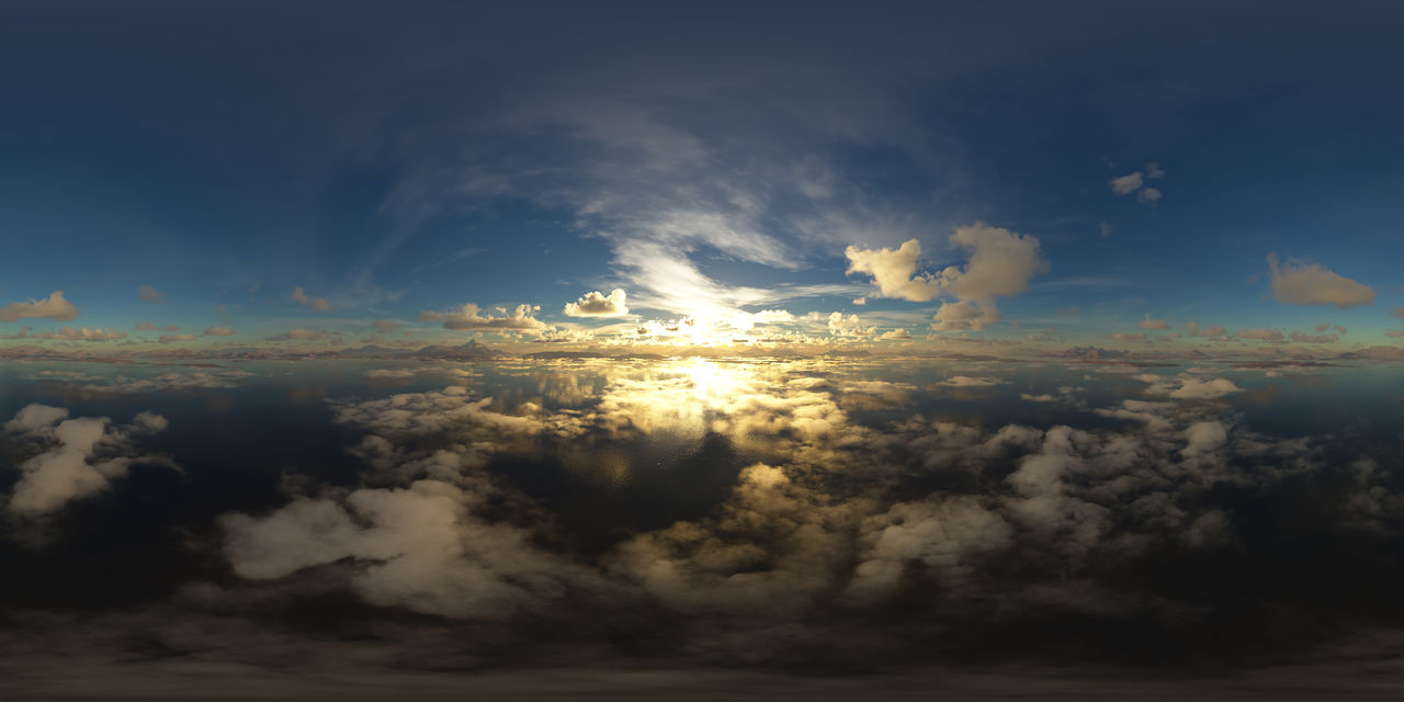 sky, cloud, horizon, nature, sunlight, environment, beauty in nature, cloudscape, scenics - nature, dawn, no people, outdoors, dramatic sky, tranquility, landscape, sunset, aerial view, evening, blue, tranquil scene, reflection, sun, sunbeam, idyllic, atmosphere, water