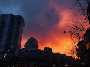 Low angle view of silhouette buildings against sky at sunset