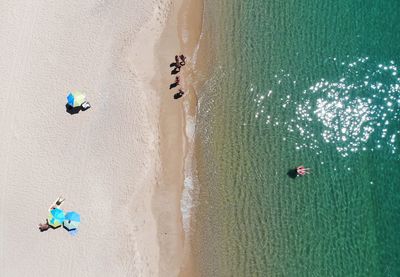 High angle view of people at beach on sunny day