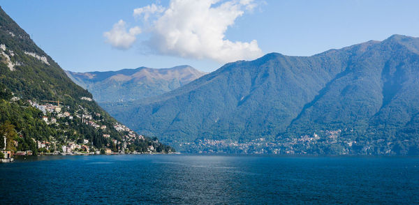 Scenic view of lake como by mountains against sky