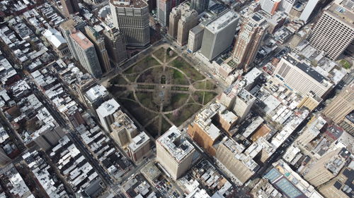 High angle view of buildings in city