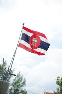 Low angle view of flag flags against sky