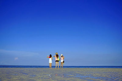 People on beach against clear blue sky