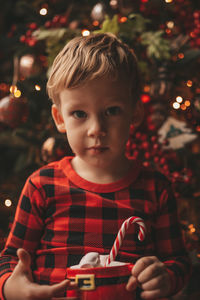 Portrait of cute girl holding christmas tree