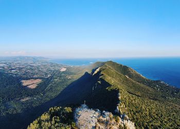 Scenic view of sea and mountains against clear blue sky