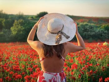Rear view of young woman wearing a fashionable summer hat standing in front of a poppy field
