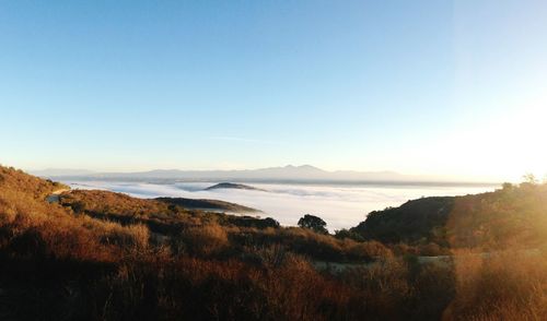 Scenic view of calm sea against clear sky