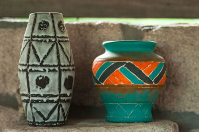 Close-up of pots made of clay