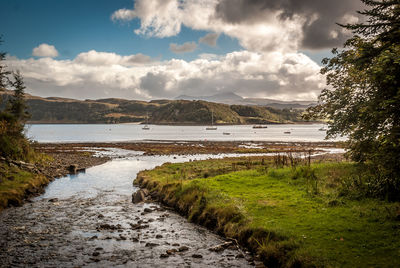 Scenic view of lake against cloudy sky