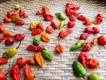 High angle view of chopped vegetables on table