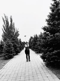 Rear view of woman walking on footpath amidst trees against sky