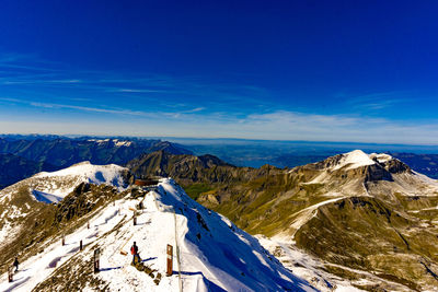 Scenic view of snowcapped mountains against blue sky