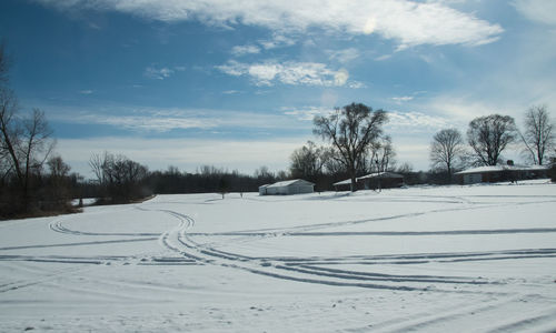 Snow covered field against sky