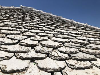 Low angle view of cracked land against clear sky