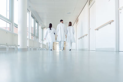 Rear view of people walking in corridor of building