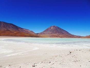 Scenic view of desert against clear blue sky