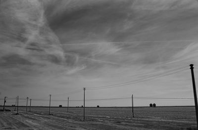 Electricity pylons on land against sky