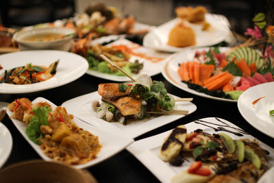 High angle view of food served on table