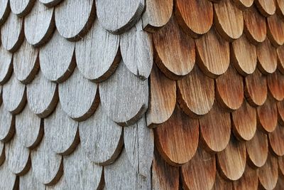 Full frame shot of wooden tiles with clear distinction between sunny and rainy side