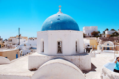 Low angle view of church against clear blue sky