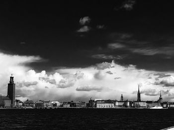 Panoramic view of sea and buildings against sky