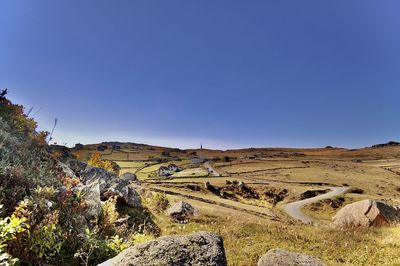 Scenic view of landscape against clear blue sky