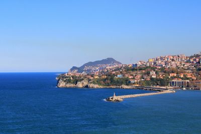 Scenic view of sea against clear blue sky