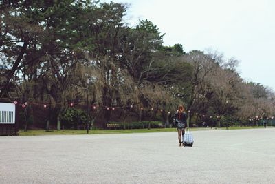 Rear view of woman with luggage on road against trees