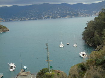 High angle view of boats sailing in sea