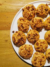 High angle view of cookies in plate on table