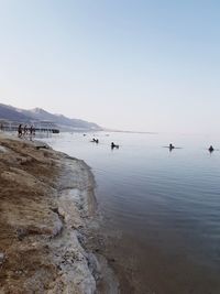 Group of people on beach against clear sky