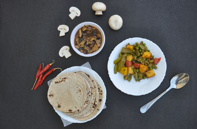 High angle view of breakfast on table