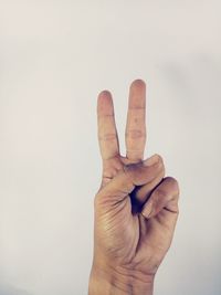 Close-up of human hand against white background