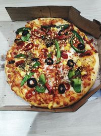 Directly above shot of pizza on table