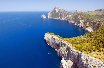 High angle view of rocks in sea against sky