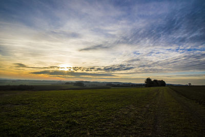 Scenic view of field against sky at sunset