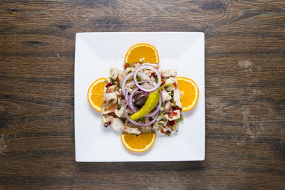 High angle view of food served on table