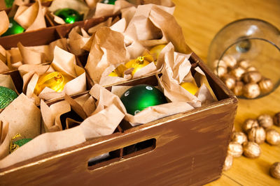 High angle view of food in box on table