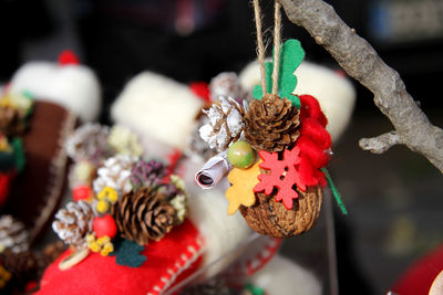Close-up of christmas decoration hanging from branch