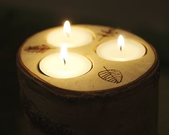 Close-up of illuminated tea light candle