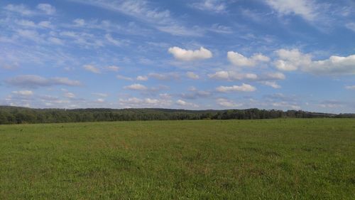 Scenic view of grassy field against cloudy sky