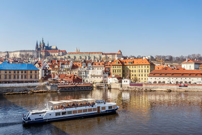 Boats in river by buildings against clear sky