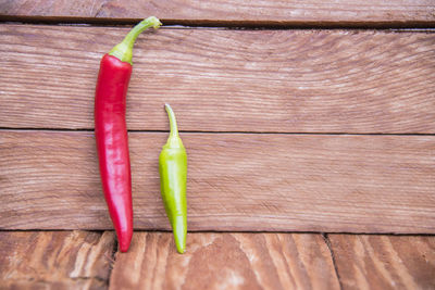High angle view of chili peppers on table