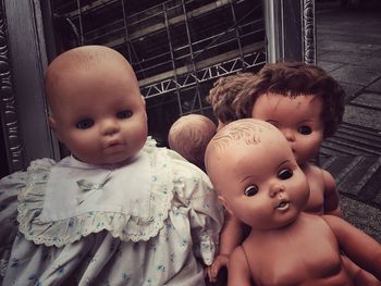 Close-up of dolls outdoors