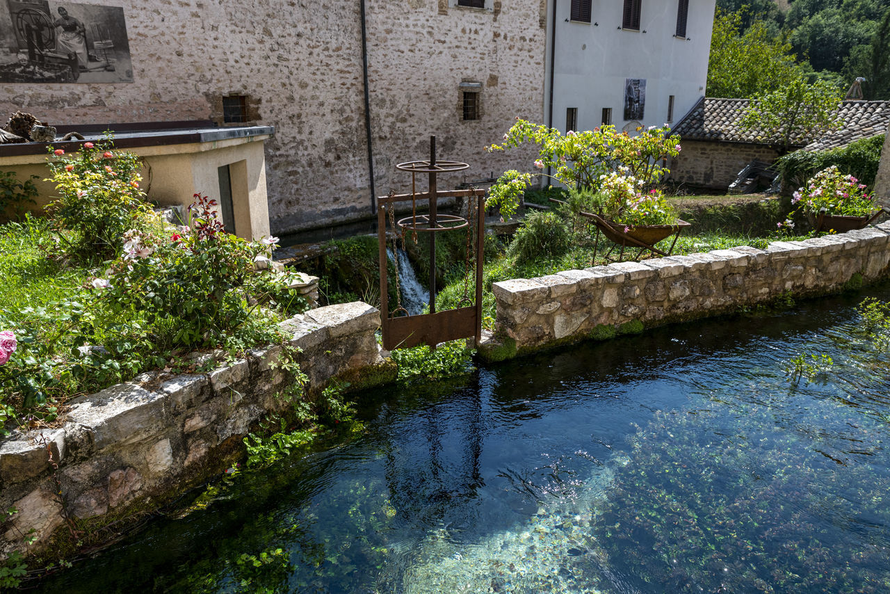 architecture, built structure, water, building exterior, flower, plant, nature, building, waterway, garden, no people, flowering plant, day, house, estate, residential district, outdoors, backyard, courtyard, growth, moat, pond, wall