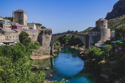 Bridge over river against blue sky