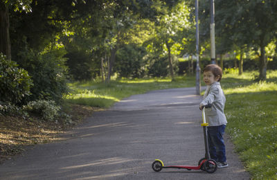 Portrait of boy with push scooter standing on road