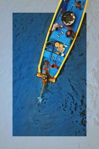 High angle view of toy on blue wall